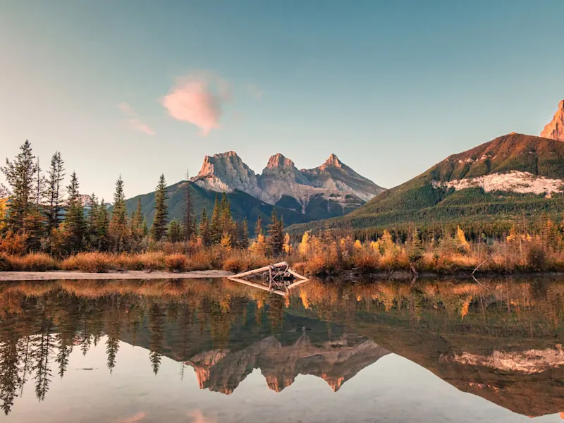 Paysage montagneux d'automne avec trois pics rocheux se reflétant dans un lac calme, entouré de conifères aux teintes dorées, Canada.