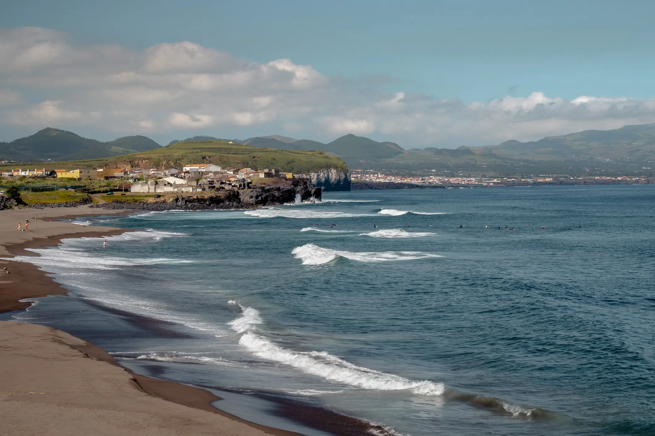 The view of the Atlantic coast and the town of Ribeira Grande, Sao Miguel Island, Azores, Portugal

