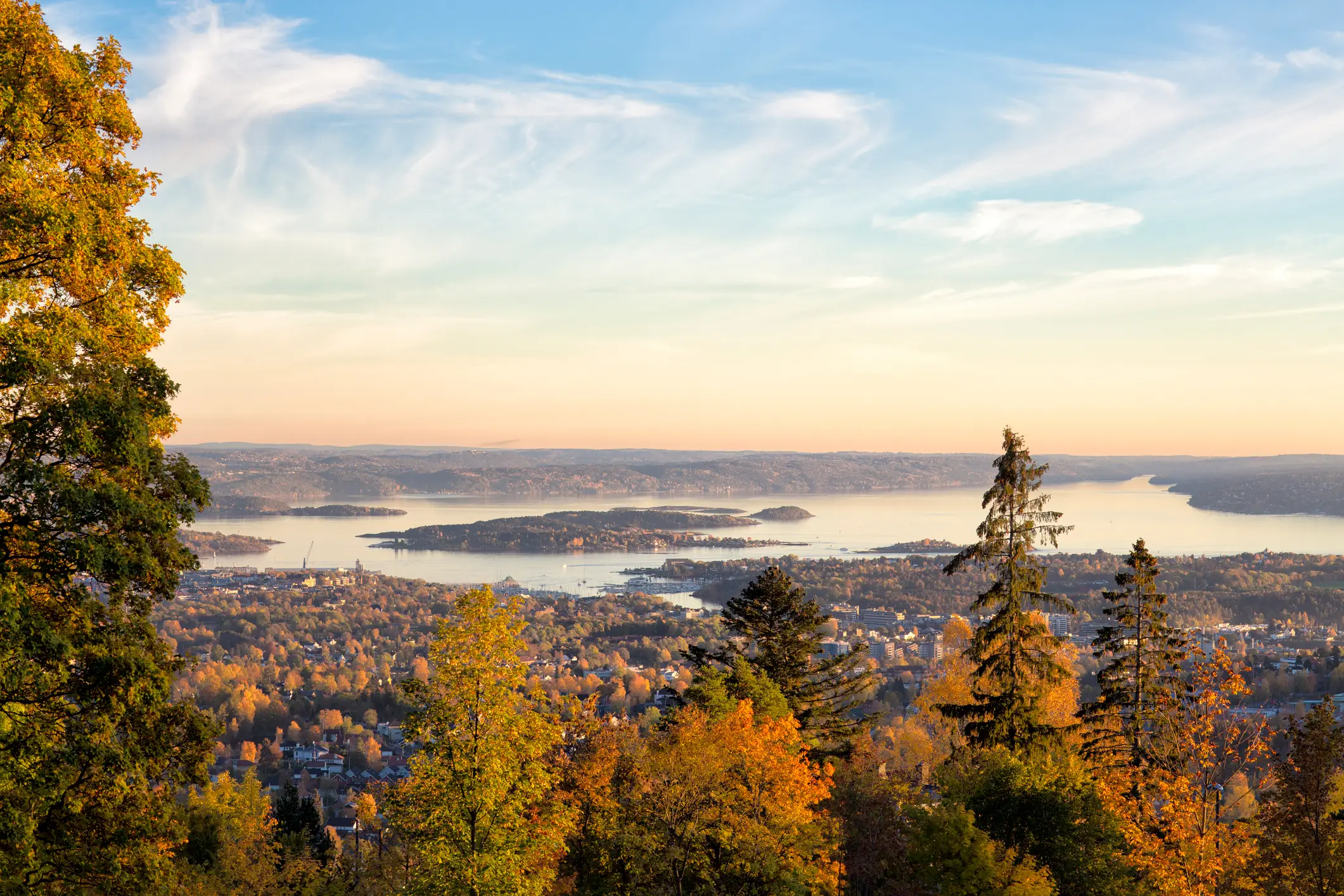 Fjord d'Oslo, automne, Norvège Vue panoramique du Fjord d'Oslo entouré de forêts aux couleurs automnales sous un ciel bleu clair au coucher du soleil.