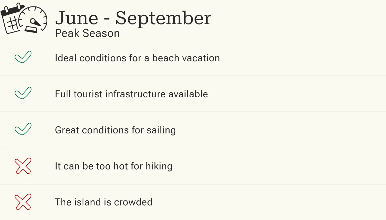 Advantages and disadvantages of traveling to Santorini in high season.