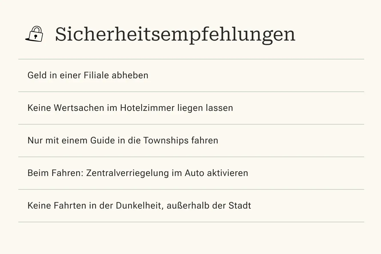 Südafrika, Wissenswertes, Sicherheitsempfehlung Südafrika, Wissenswertes, Sicherheitsempfehlung