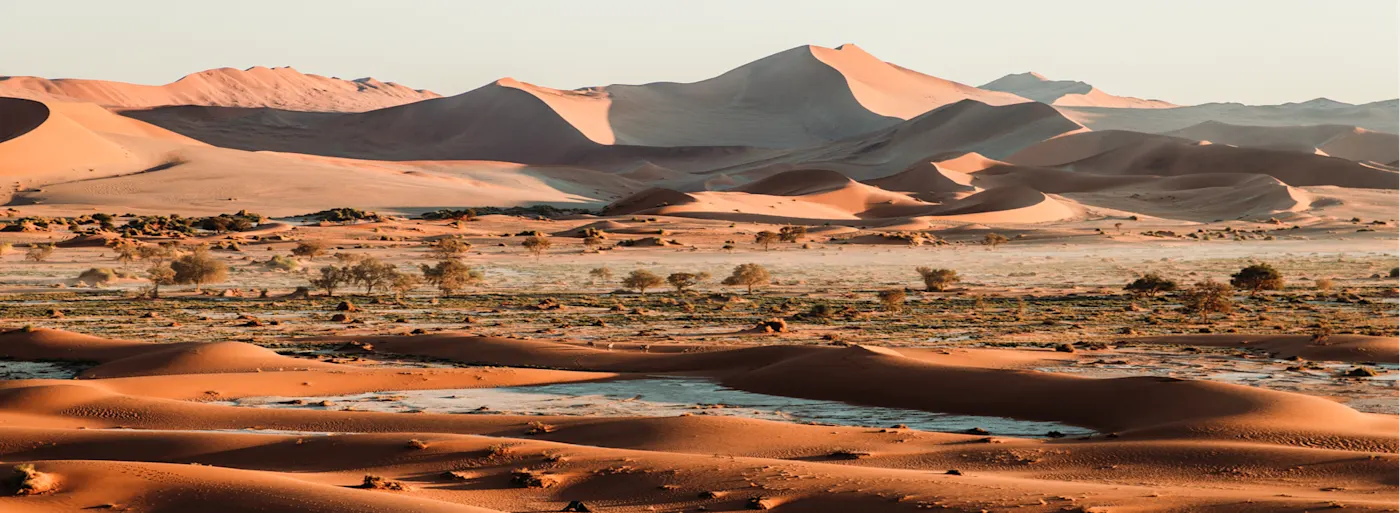Wüste, Sonnenaufgang, Sossuvlei, Namibia Blick bei Sonnenaufgang über die Wüste in Sossuvlei, Namibia