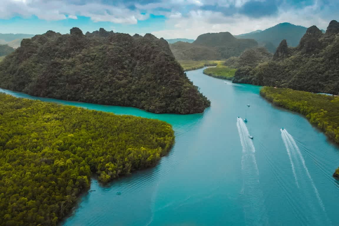 Hügel-, Fluss. und Waldlandschaft von oben gesehen