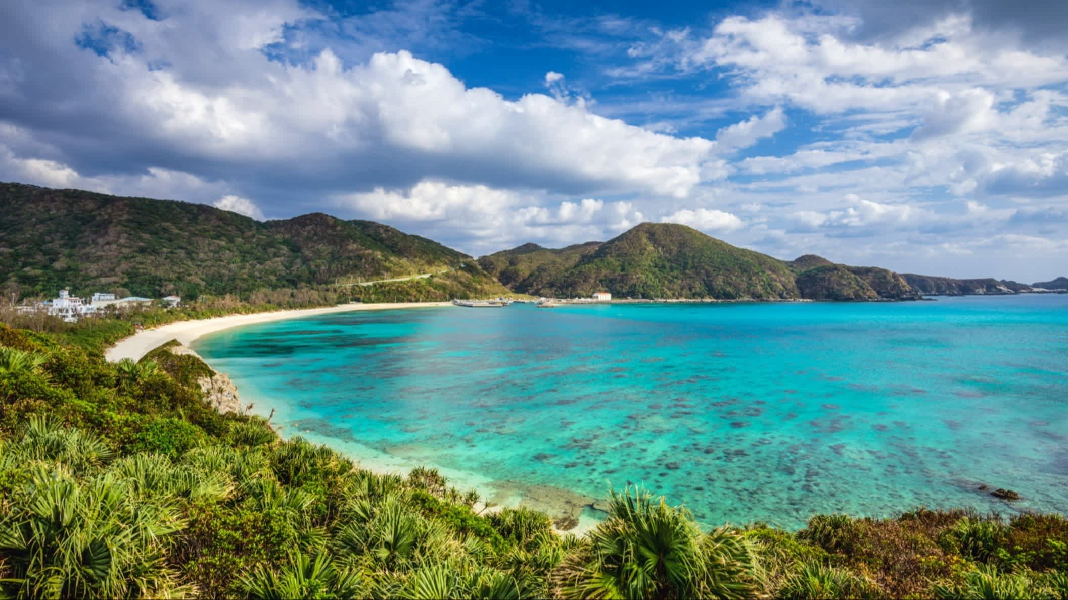 Plage de sable entourée de végétation luxuriante au bord de l'eau turquoise à Aharen au JaponL