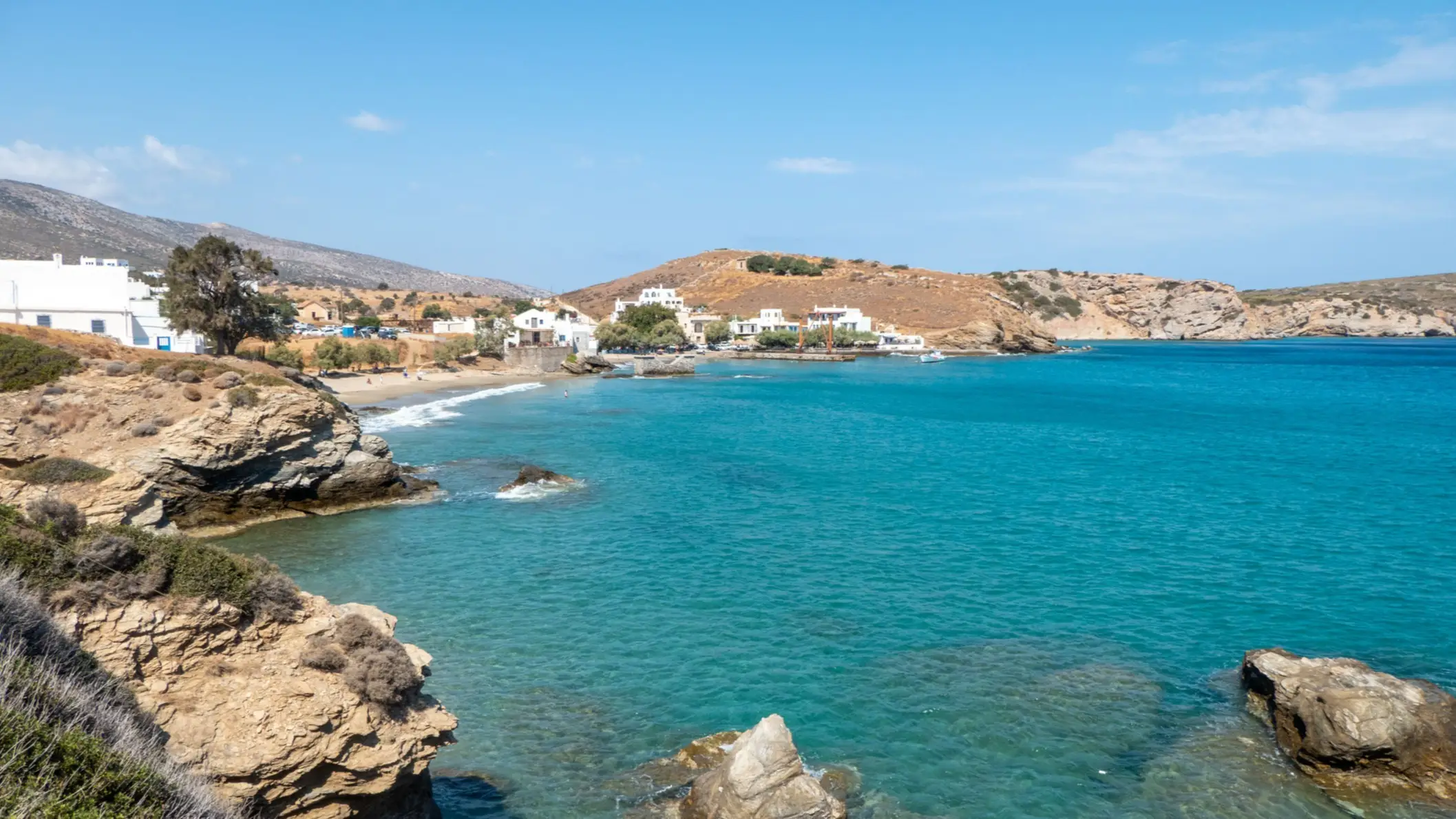 Griechenland, Naxos, Paralia Moutsouna Blick auf den Küstenabschnitt des Paralia Moutsouna auf Naxos, Griechenland.