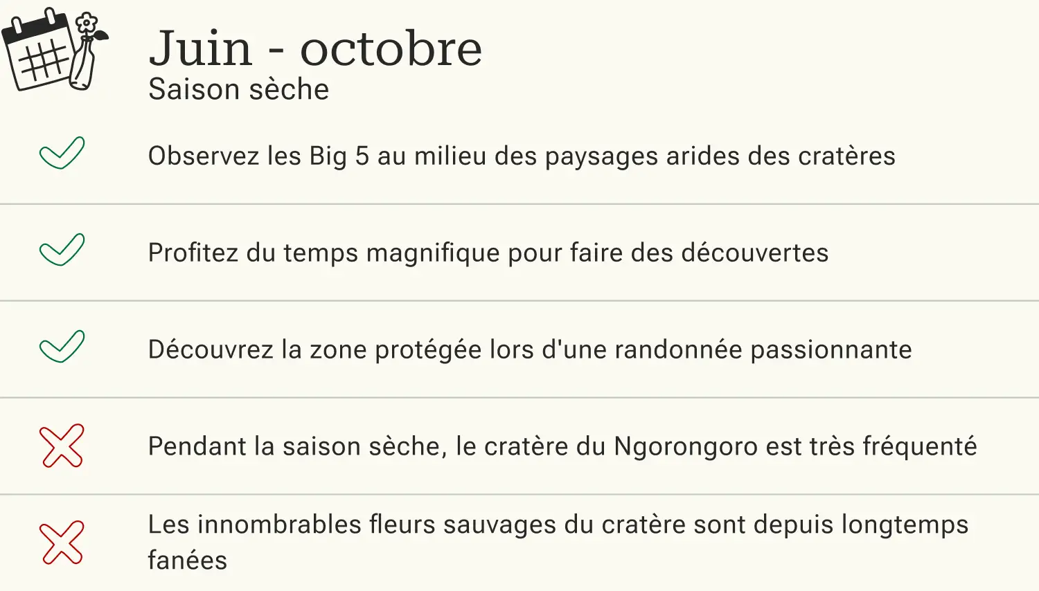 Avantages et inconvénients d'un voyage au cratère du Ngorongoro pendant la saison sèche.