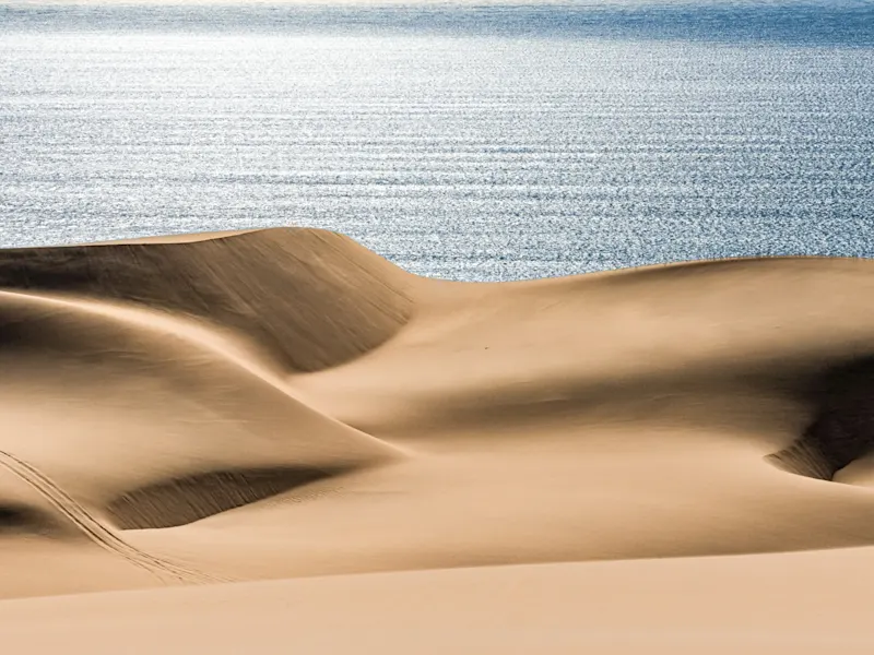 Dunes de Sandwich Harbor, Namibie Les dunes de Sandwich Harbor en Namibie sont de hautes dunes de sable impressionnantes qui se jettent directement dans l'océan Atlantique, ce qui crée une vue spectaculaire et un paysage vierge à couper le souffle.