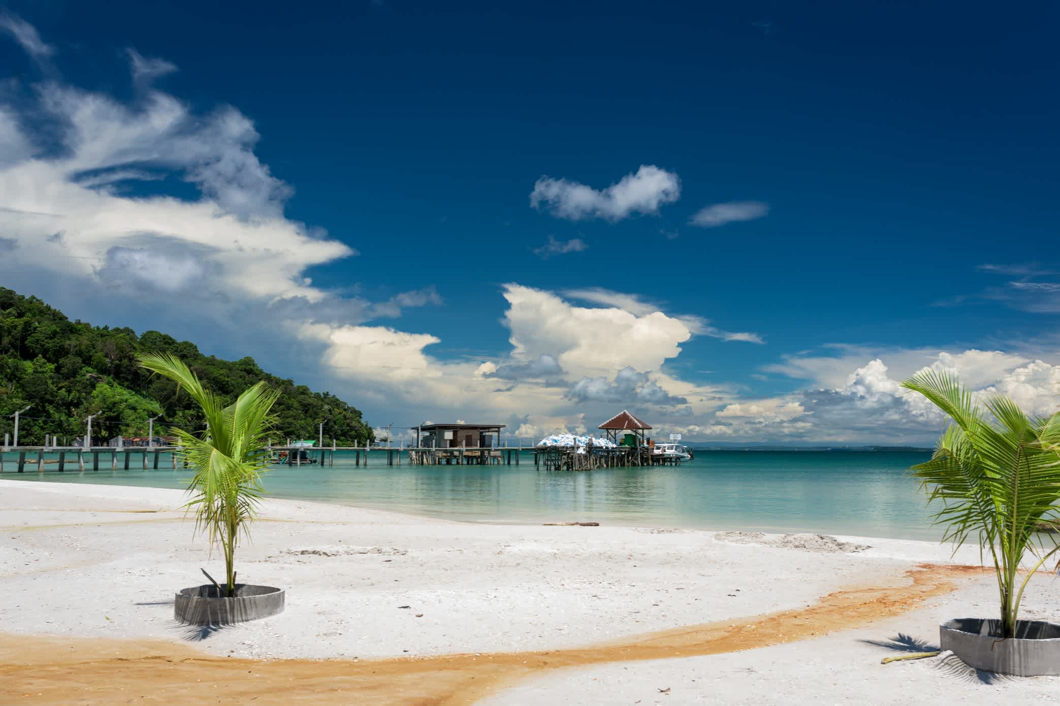 Blick auf den weißen Sandstrand Saracen Bay Beach mit Palmen