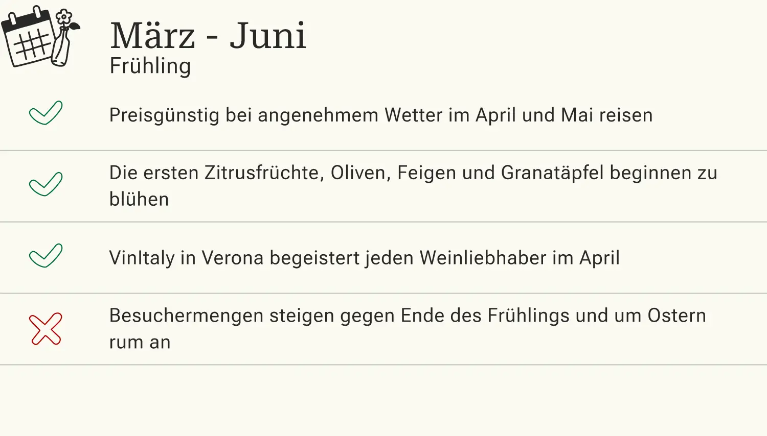 Vor- und Nachteile einer Reise nach Italien im Frühling (März bis Juni).