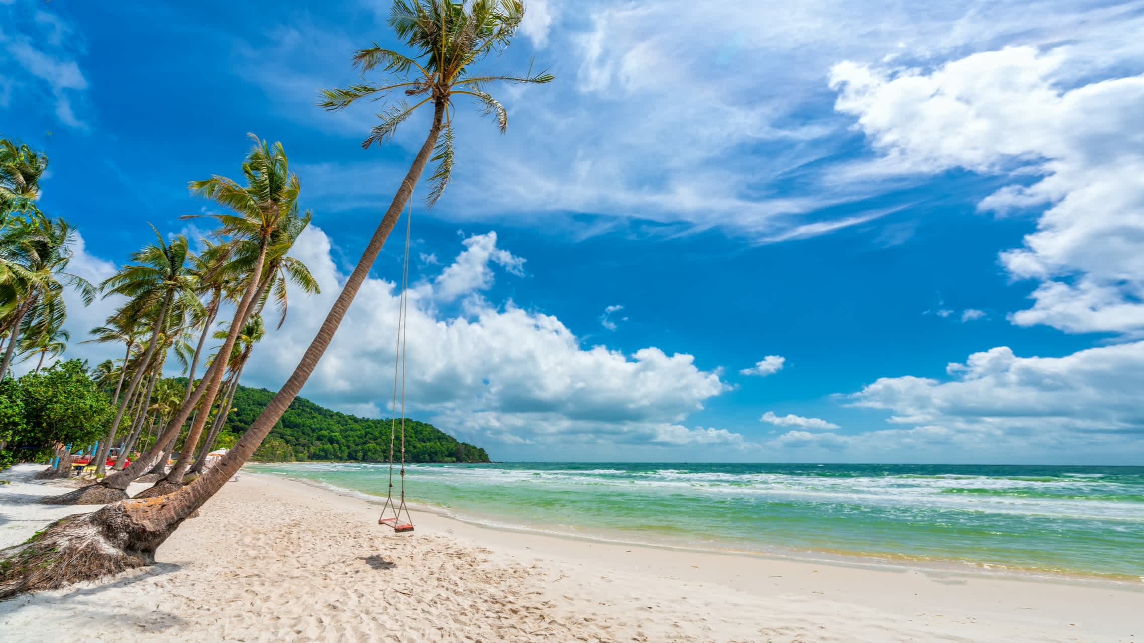 Meereslandschaft mit tropischen Palmen am schönen Strand von Sao auf der Insel Phu Quoc, Vietnam