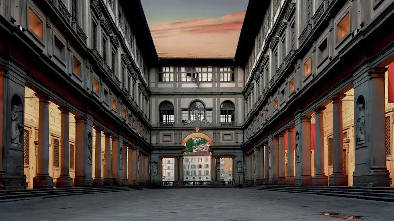 Italy The Uffizi Gallery Piazzale degli Uffizi in Florence at sunrise, Italy