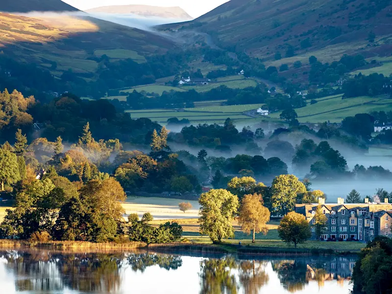 Picturesque landscape with lake and hills in the morning. Lake District, England.