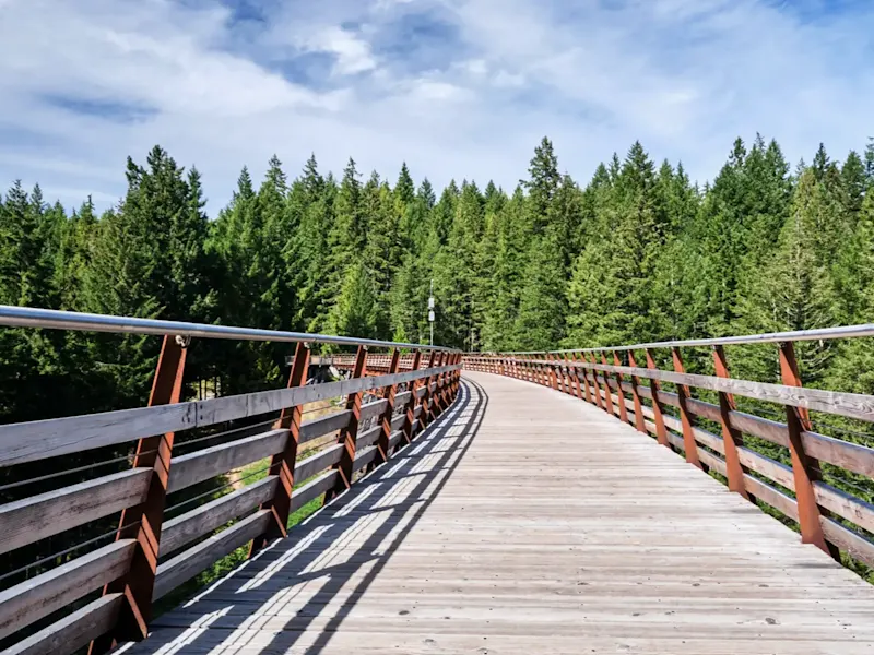 Kanada, British Columbia, Cowichan Valley Trail Holzbrücke inmitten eines dichten Waldes, Cowichan Valley Trail, British Columbia, Kanada.