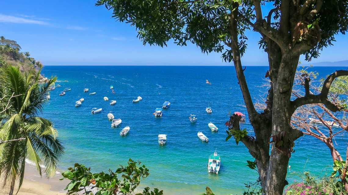 Végétation donnant sur la plage Plage de Yelapa, sur la côte Pacifique du Mexique, avec des bateaux en arrière plan sur la mer turquoise


