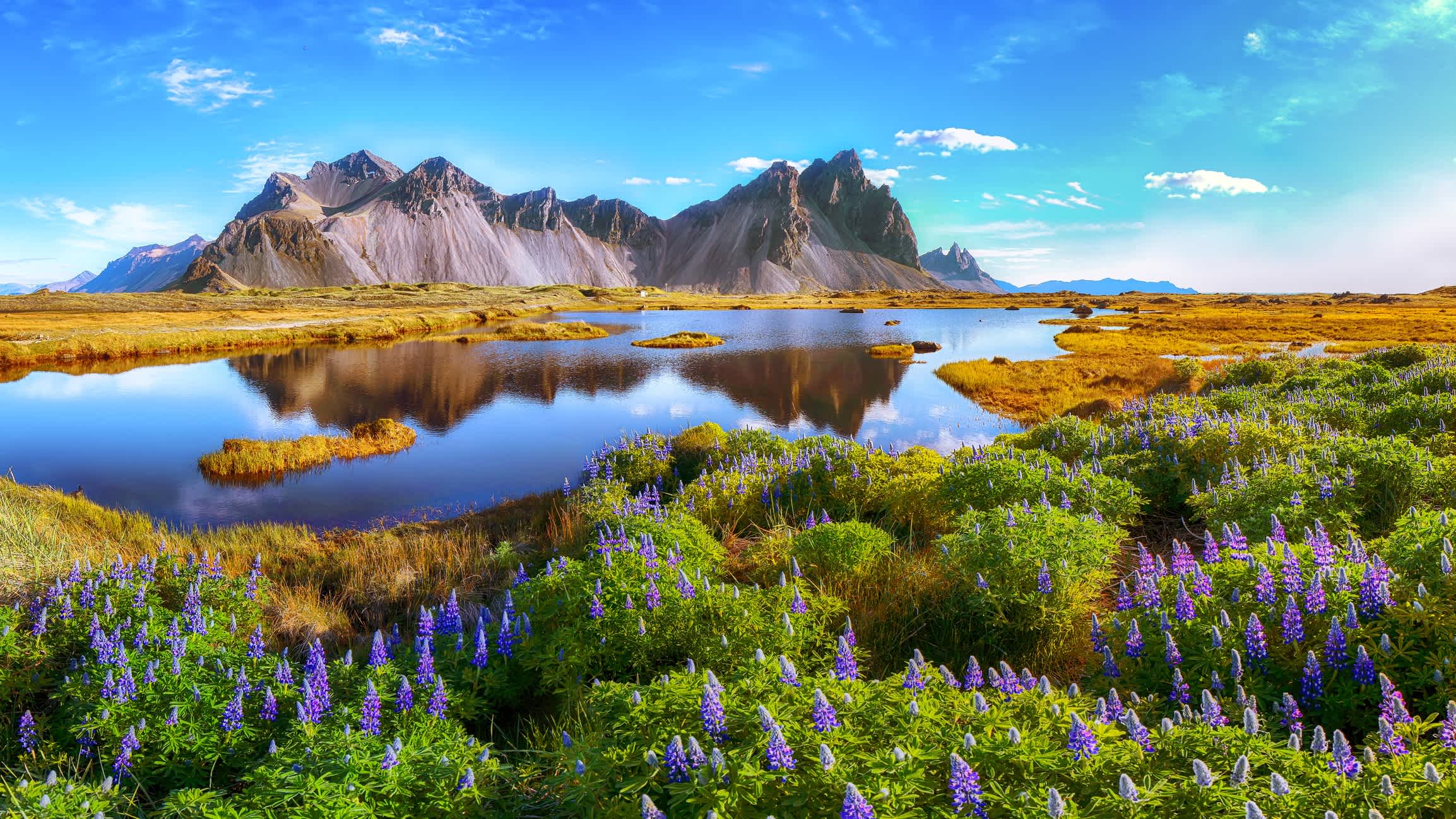 Sommerpanorama mit dem Berg Vestrahorn auf der Landzunge Stokksnes, Island. 