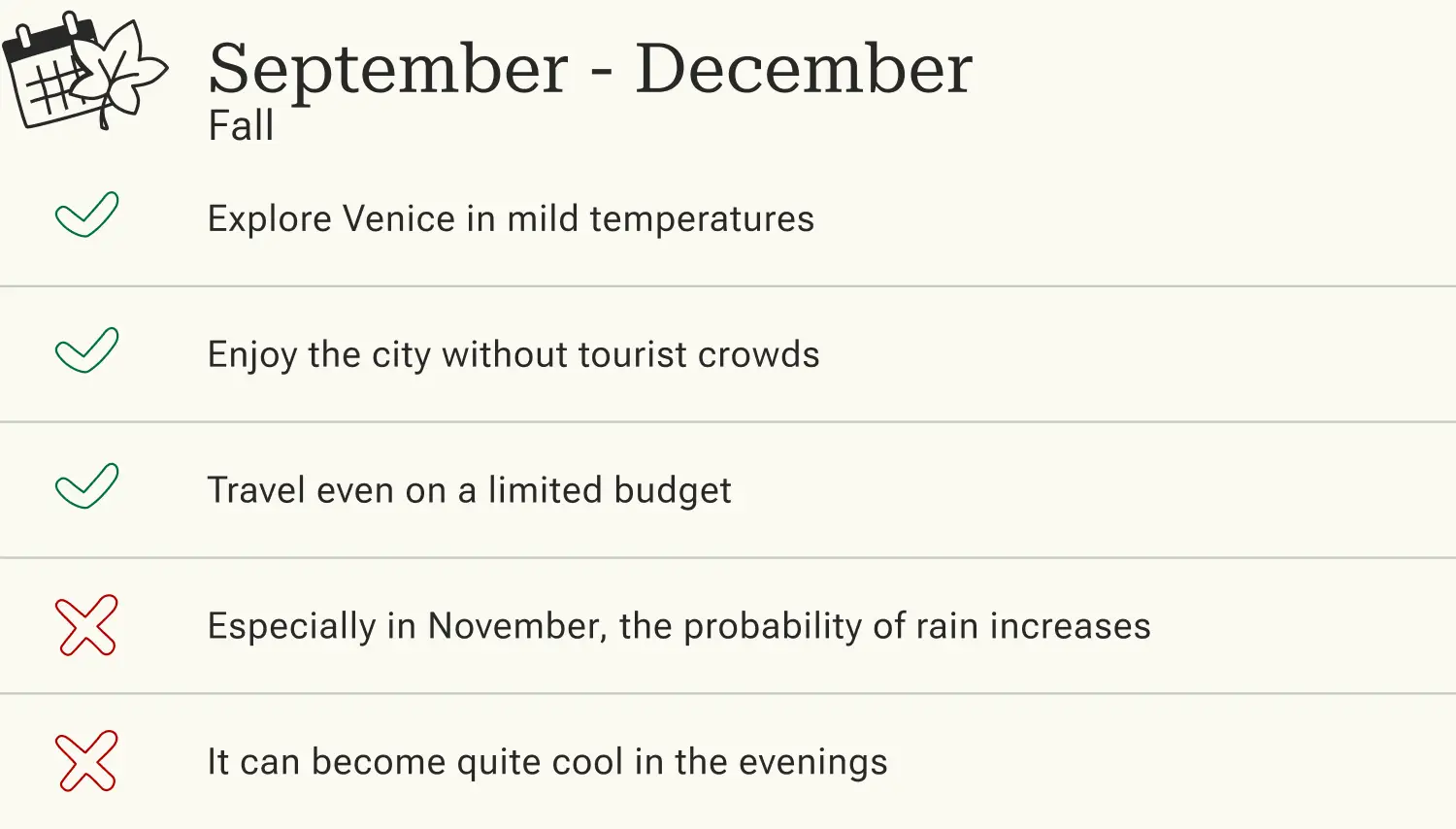 Advantages and disadvantages of a trip to Venice in the fall.