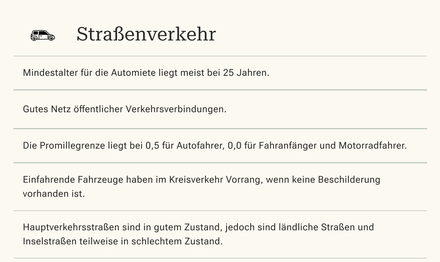 Verkehrsinformationen kurz zusammengefasst in einer Tabelle.
