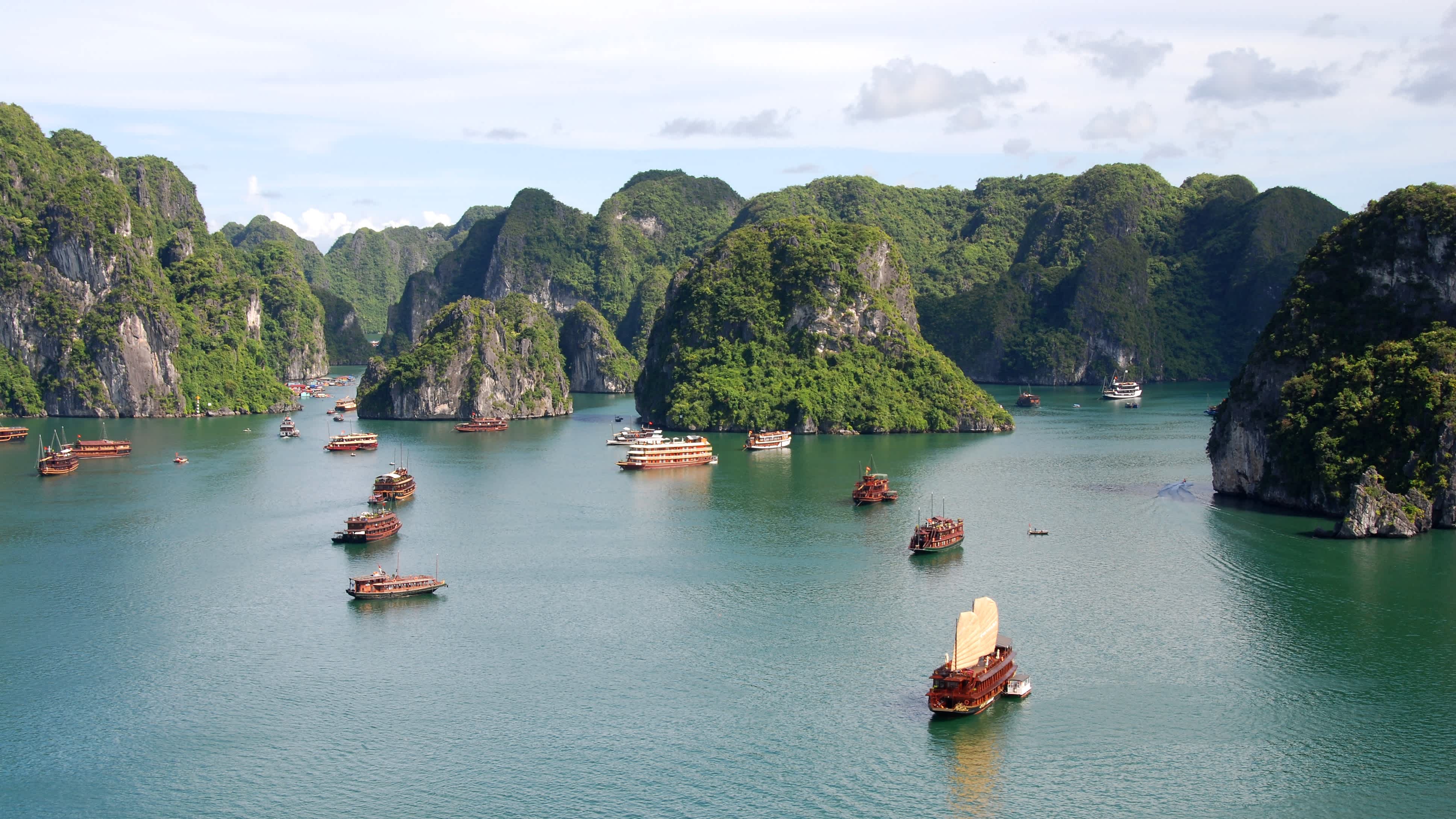 Kreuzfahrt mit Touristenbooten in der Halong-Bucht in Vietnam.