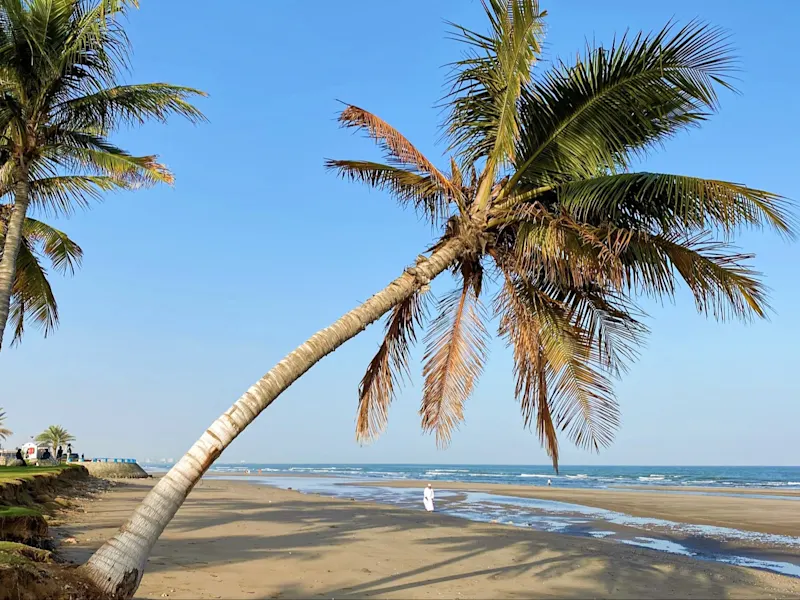Qurum-Strand, Muscat Der Qurum-Strand in Muscat bietet weiten Sandstrand, ideal zum Entspannen und mit Blick auf das türkisblaue Wasser des Golfs von Oman