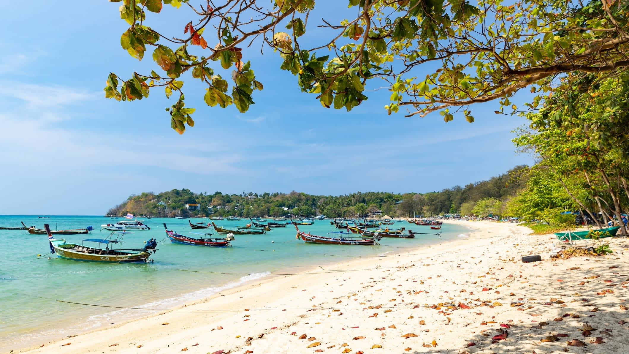 Blick auf den Rawai Beach, Phuket, mit Laubbaum und traditionellen Holzbooten auf dem türkisblauen Meer.