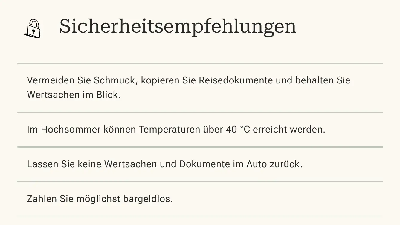 Sicherheitsempfehlungen für Griechenland in Tabelle.