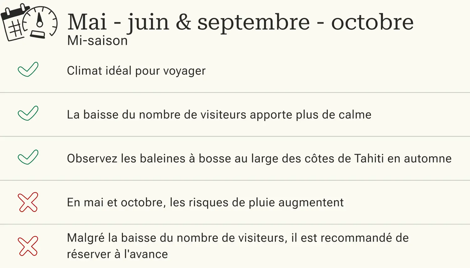 Avantages et inconvénients d'un voyage à Tahiti en mi-saison.