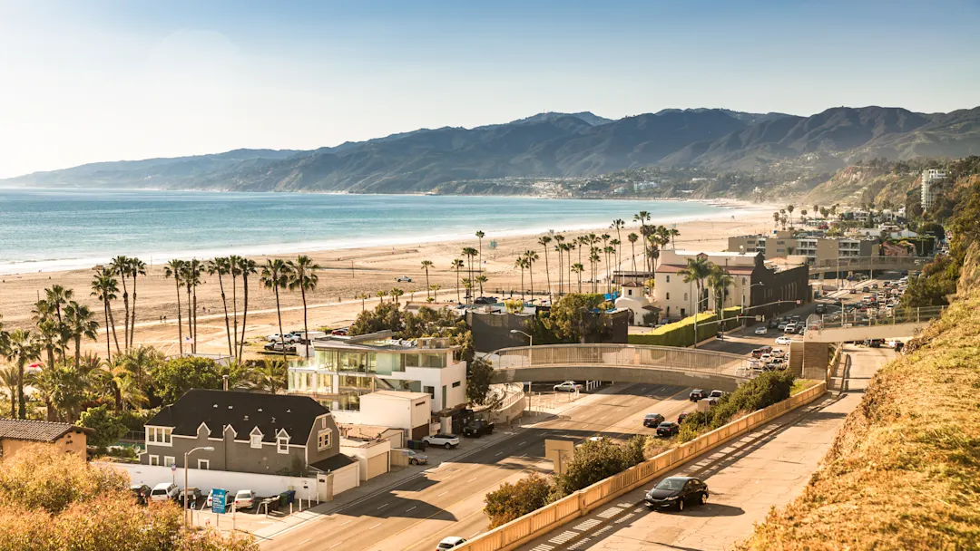 Blick auf Strand, Palmen und Küste bei Sonnenlicht, Los Angeles, Kalifornien, USA.