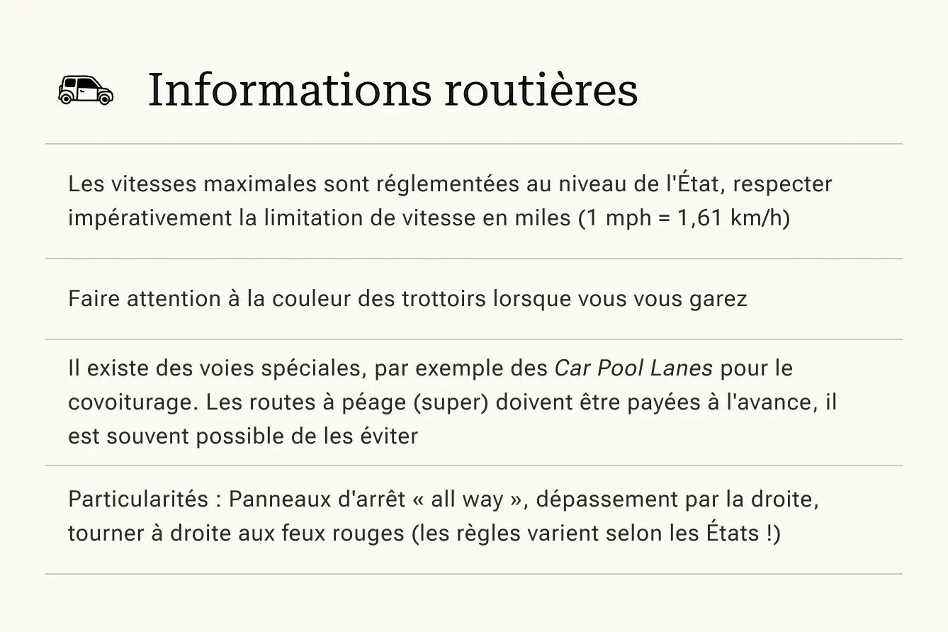 Spécificités du code de la route américain