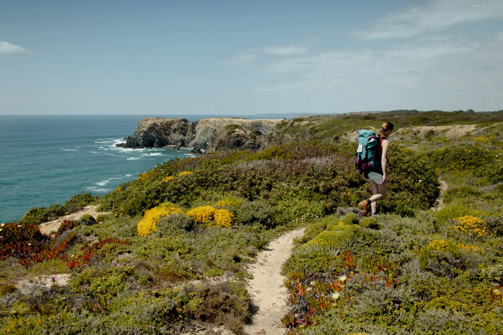 Hikers on the hiking trail in Algarve, Portugal

