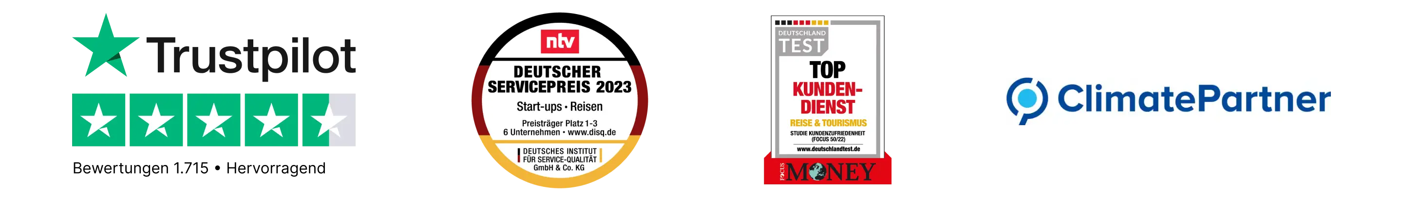 Logos und Auszeichnungen: Trustpilot 5-Sterne-Bewertung, Deutscher Servicepreis 2023, Focus Money Top Kunden-Dienst und ClimatePartner-Logo als Zeichen für Vertrauen, Service und Nachhaltigkeit.