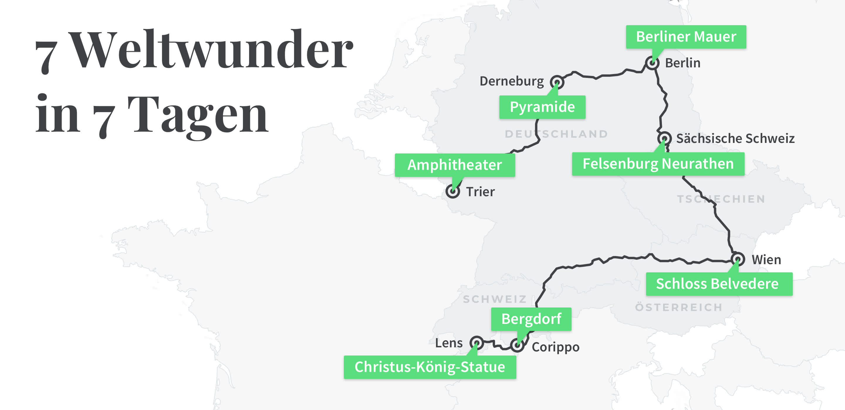 Karte zum Sieben Weltwunder Roadtrip durch Deutschland Österreich und der Schweiz