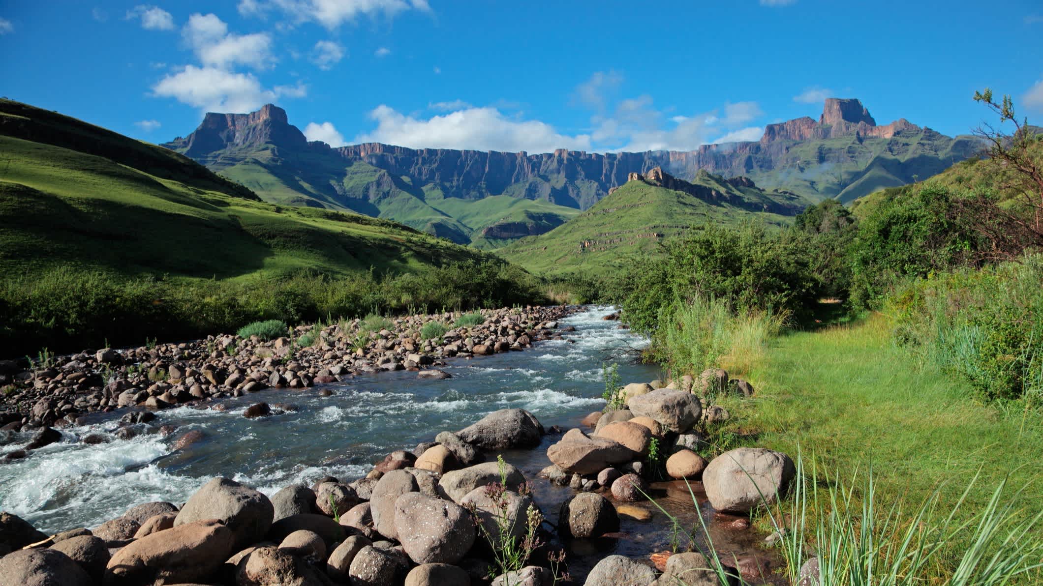 Eine grüne Landschaft und einem Fluss mit klarem Wasser in Drakensberg in Südafrika