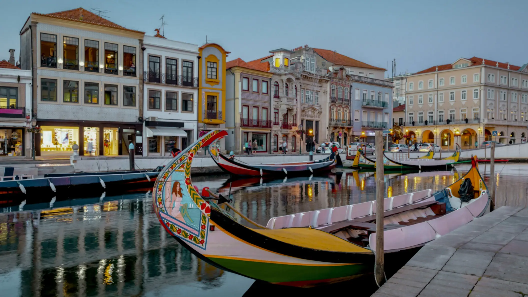 Portugal, Aveiro City of Aveiro in northern Portugal with the water canals at night