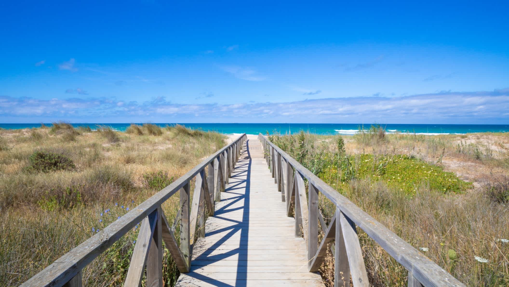 Holzsteg zum Palmar Strand in Cádiz, Andalusien, Spanien.