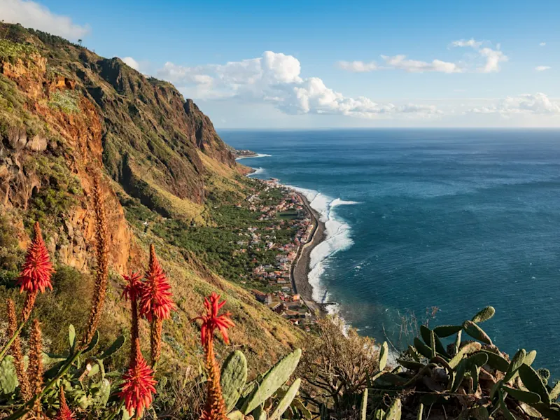 Portugal, Madère, hiver Falaise côtière avec fleurs rouges surplombant un village en bord de mer et l'océan bleu sous un ciel ensoleillé, Madère.