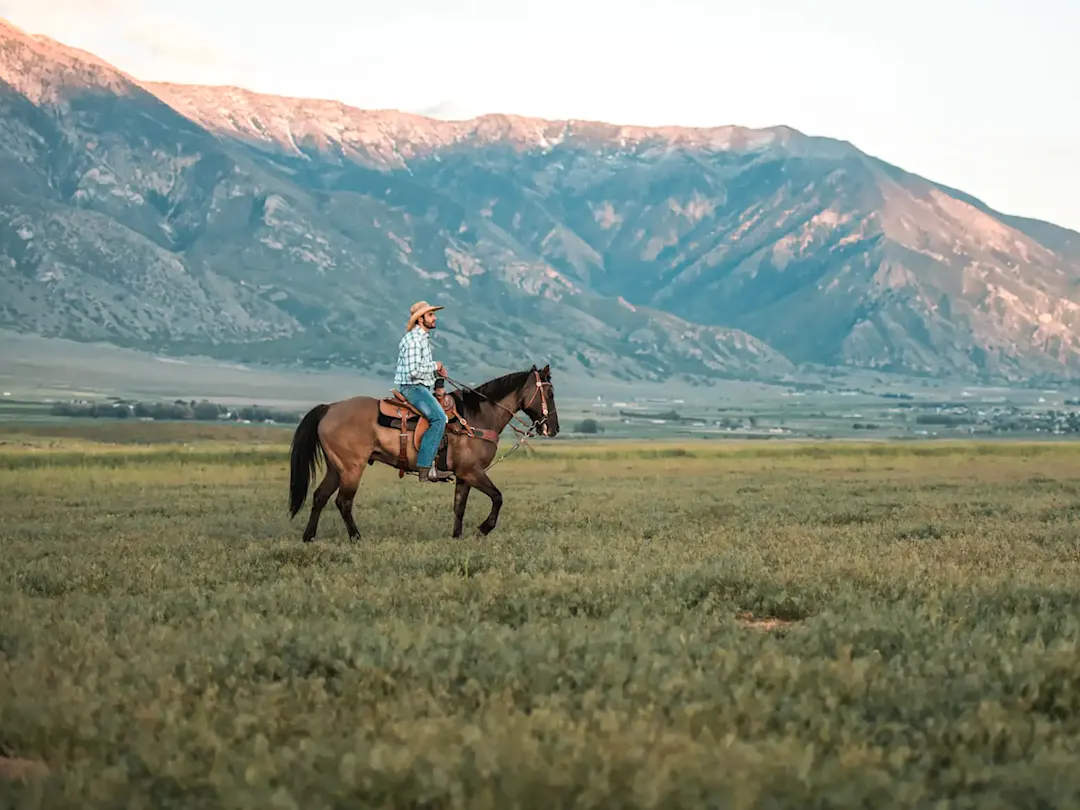 Ein Cowboy reitet durch die weiten Ebenen in USA.