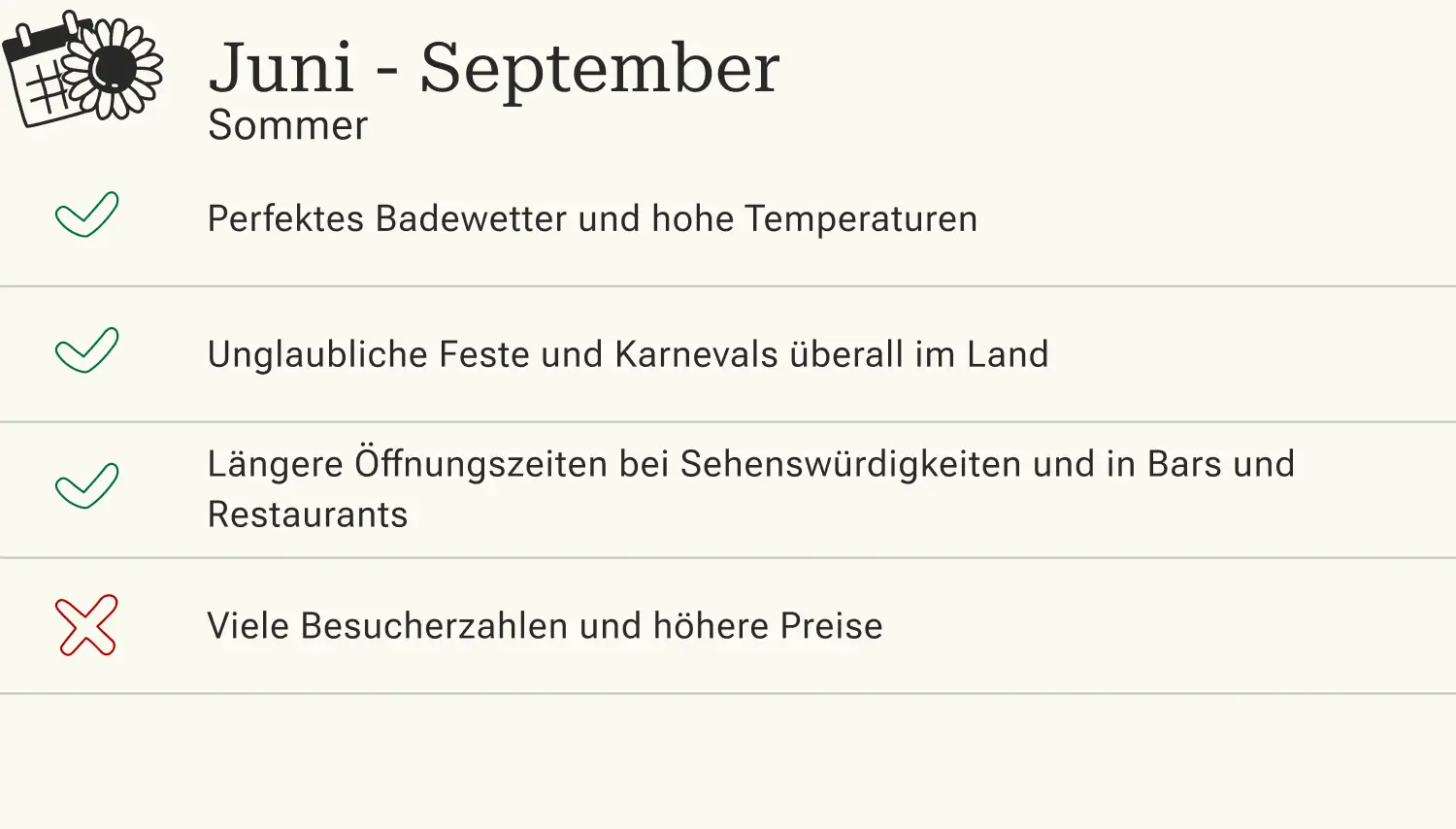 Vor- und Nachteile einer Reise nach Italien im Sommer (Juni bis September).