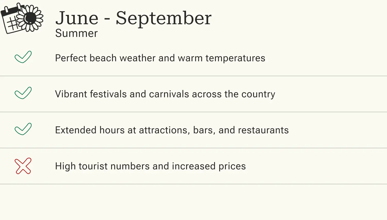 Advantages and disadvantages of traveling to Italy in summer (June to September).