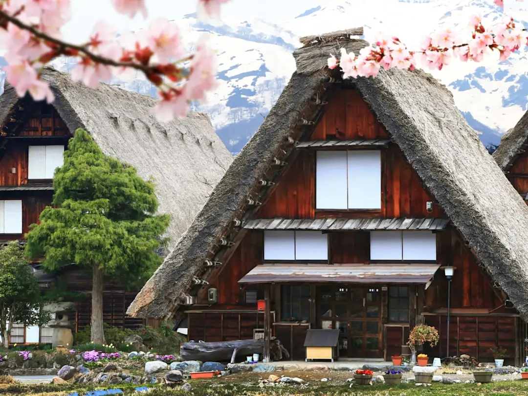 Traditionelle Gassho-Zukuri-Häuser mit Strohdächern, UNESCO-Weltkulturerbe. Shirakawa-go, Gifu, Japan.