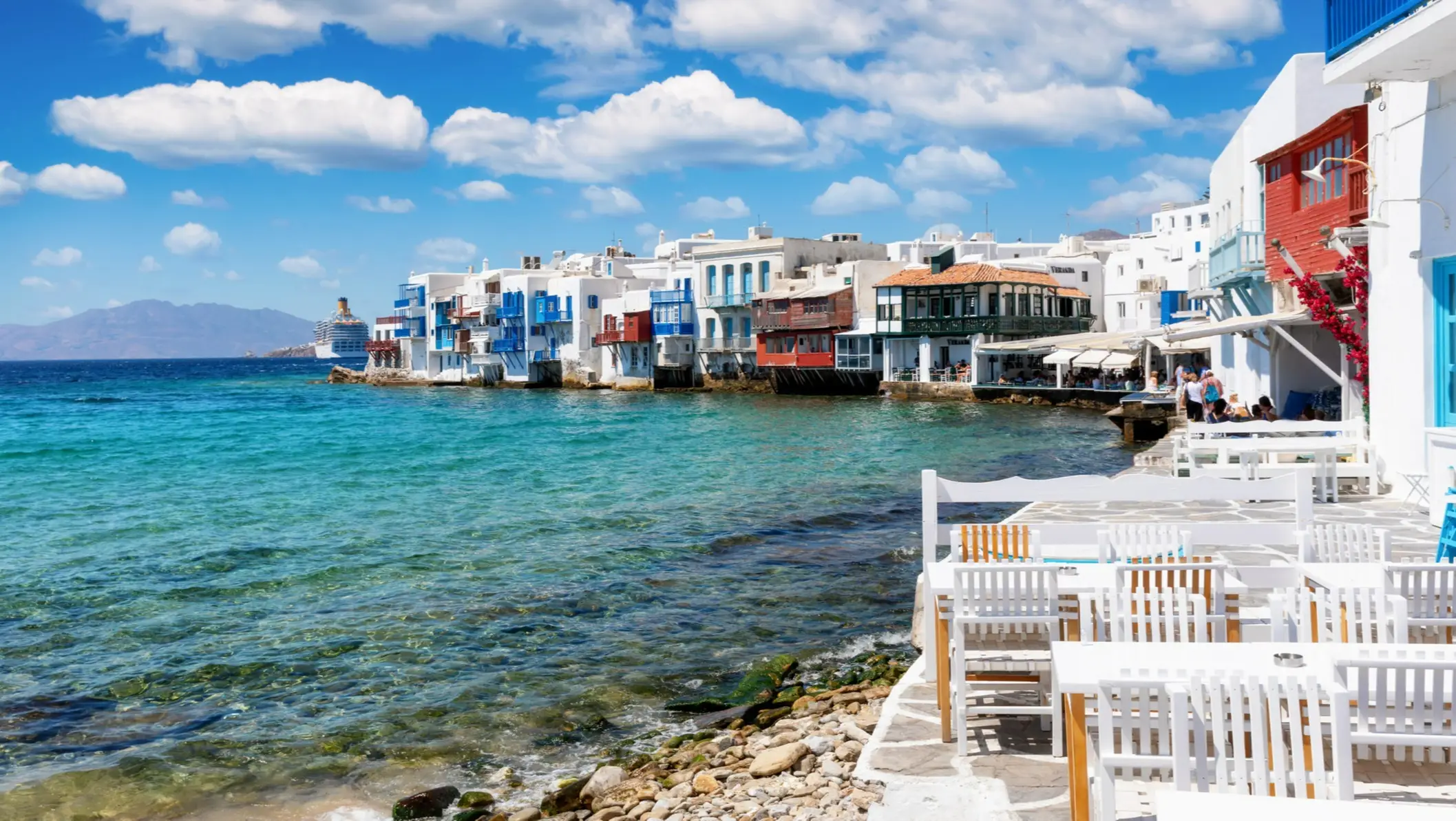 Little Venice, Mykonos Balcons au bord de l'eau, sur l'île de Mykonos, Cyclades, Grèce