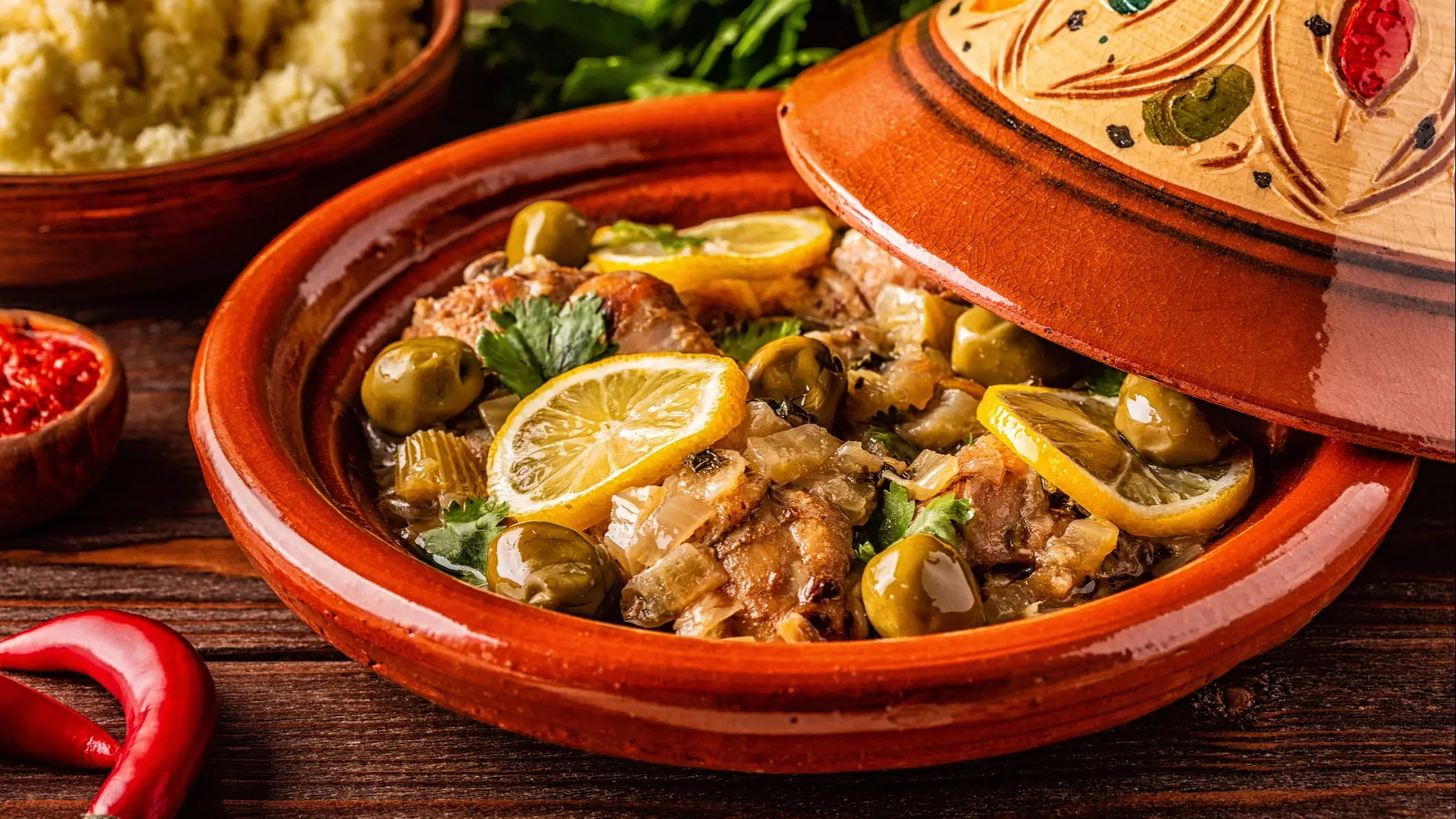 Marokko, Tajine Traditionelle marokkanische Hühner-Tajine mit Oliven und gesalzenen Zitronen, selektiver Fokus.