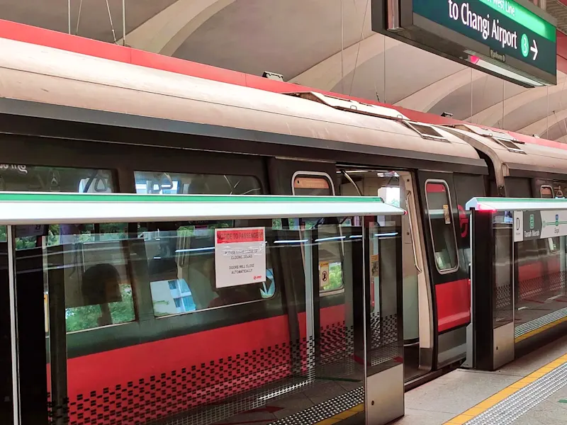 Métro à la station avec panneau pour Changi Airport. Singapour, Singapour, Singapour.