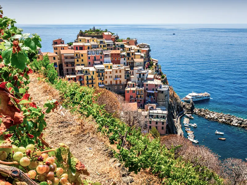 Italie, Ligurie, Cinque Terre Maisons colorées sur une falaise, vignes devant et mer. Manarola, Cinque Terre, Ligurie, Italie.