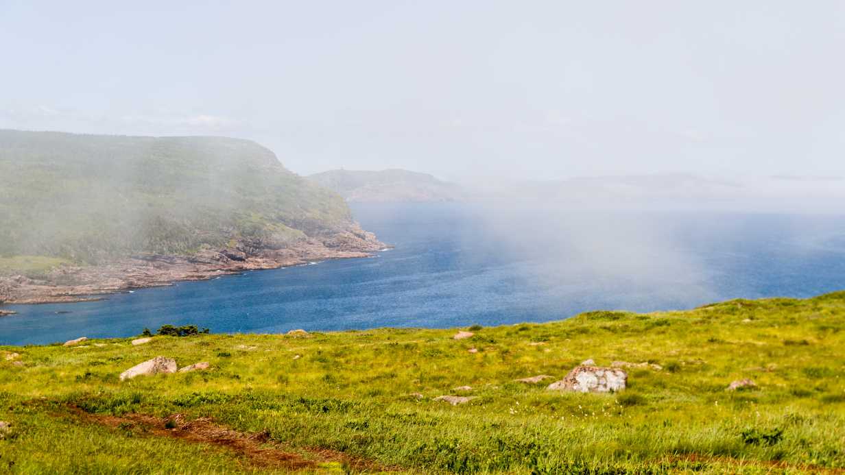 Die Klippen von Cape Spear auf der Avalon-Halbinsel mit grünen Wiesen und blauem Meer bei nebligem Wetter.