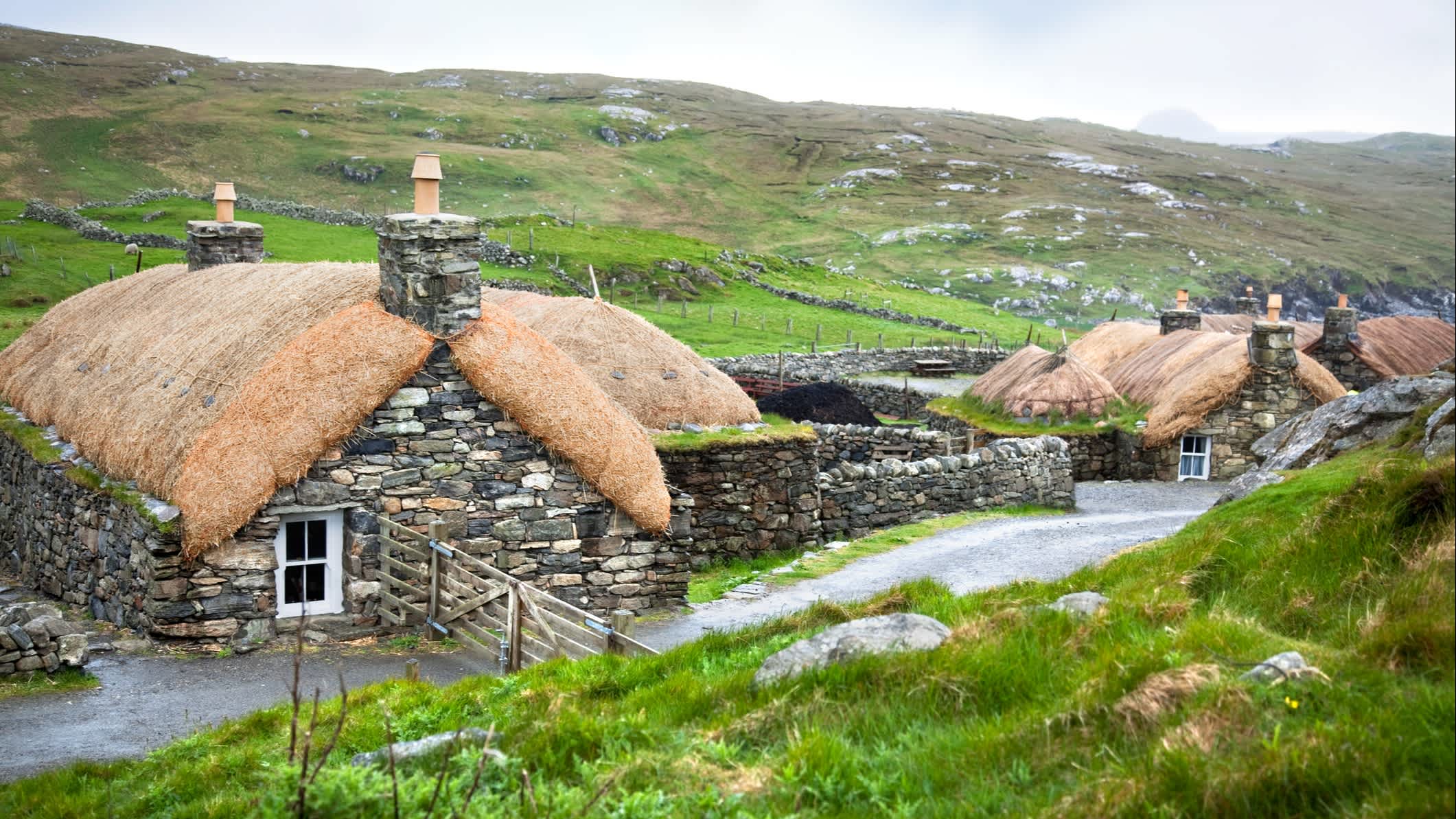 Schöne Blackhouses in Gearrannan auf der Isle of Lewis, Schottland
