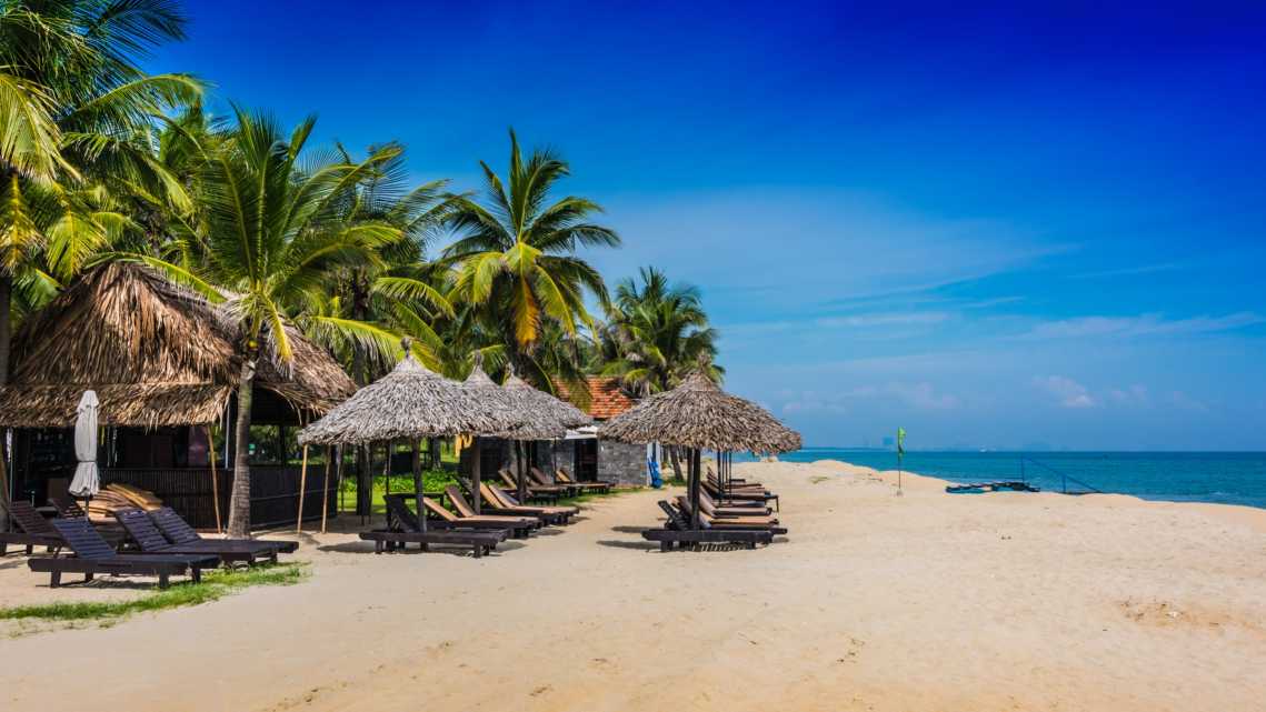 Transats sous des parasols sur le sable de la plage entourée de palmiers de Cua Dai près de Hoi An dans la province de Quang Nam, Vietnam