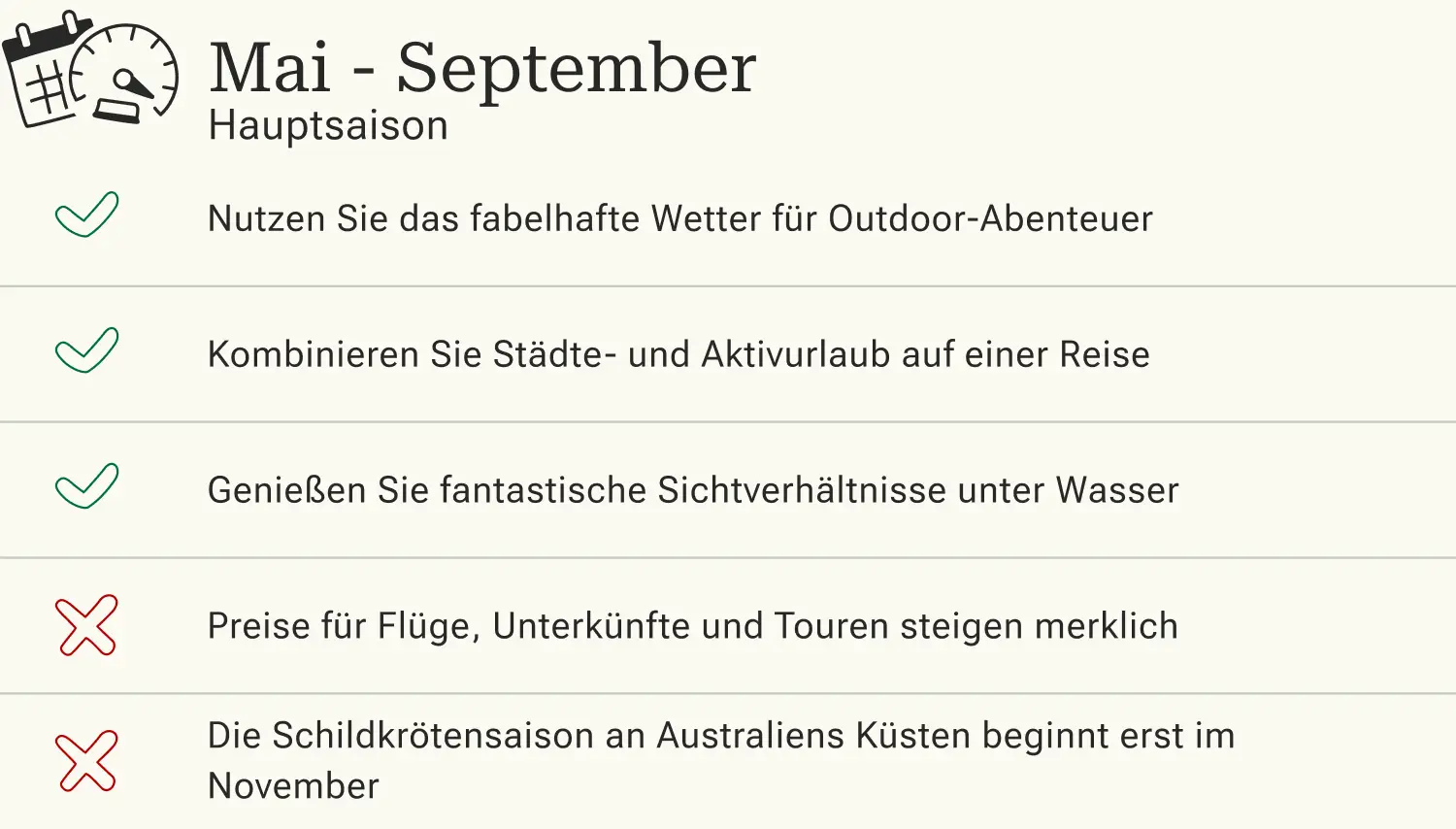 Vorteile und Nachteile von Reisen nach Queensland in der Hauptsaison.