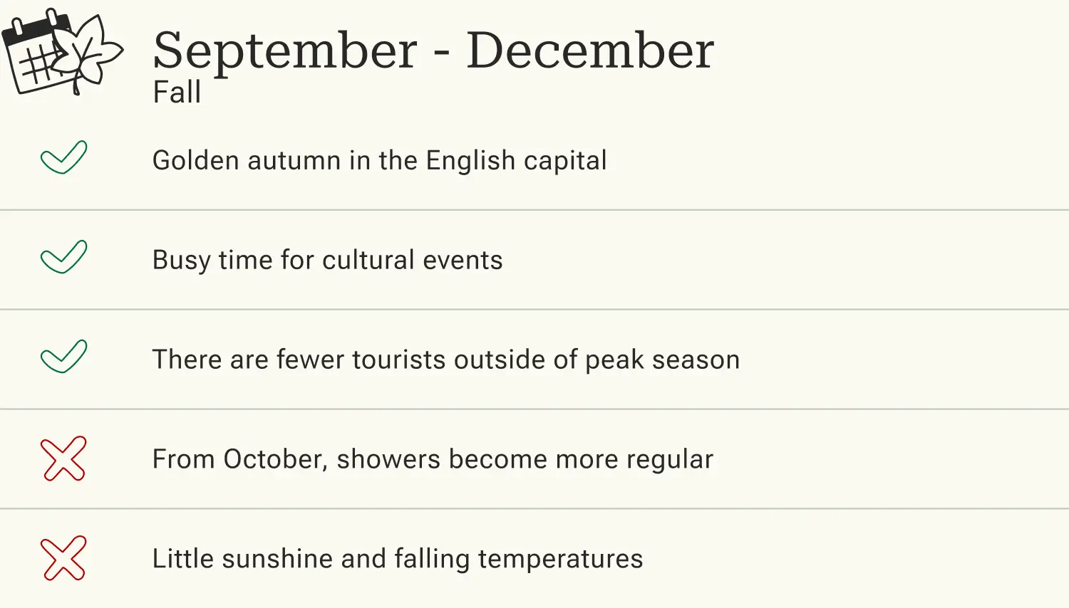 Best time to visit, London, fall. Pros and cons of a trip to London in the fall