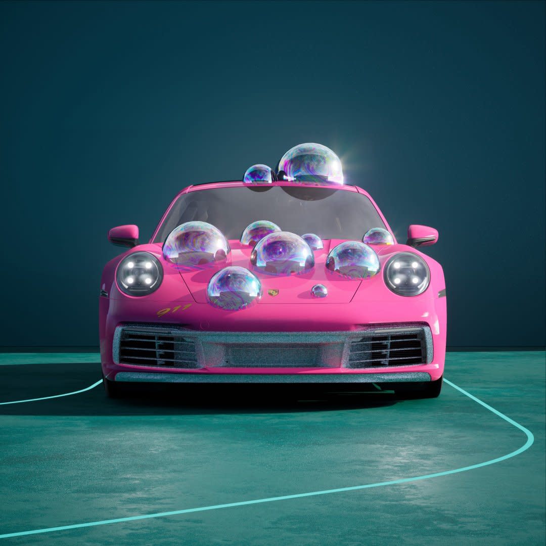 Ein Pinker Porsche 911 mit Luftblasen 