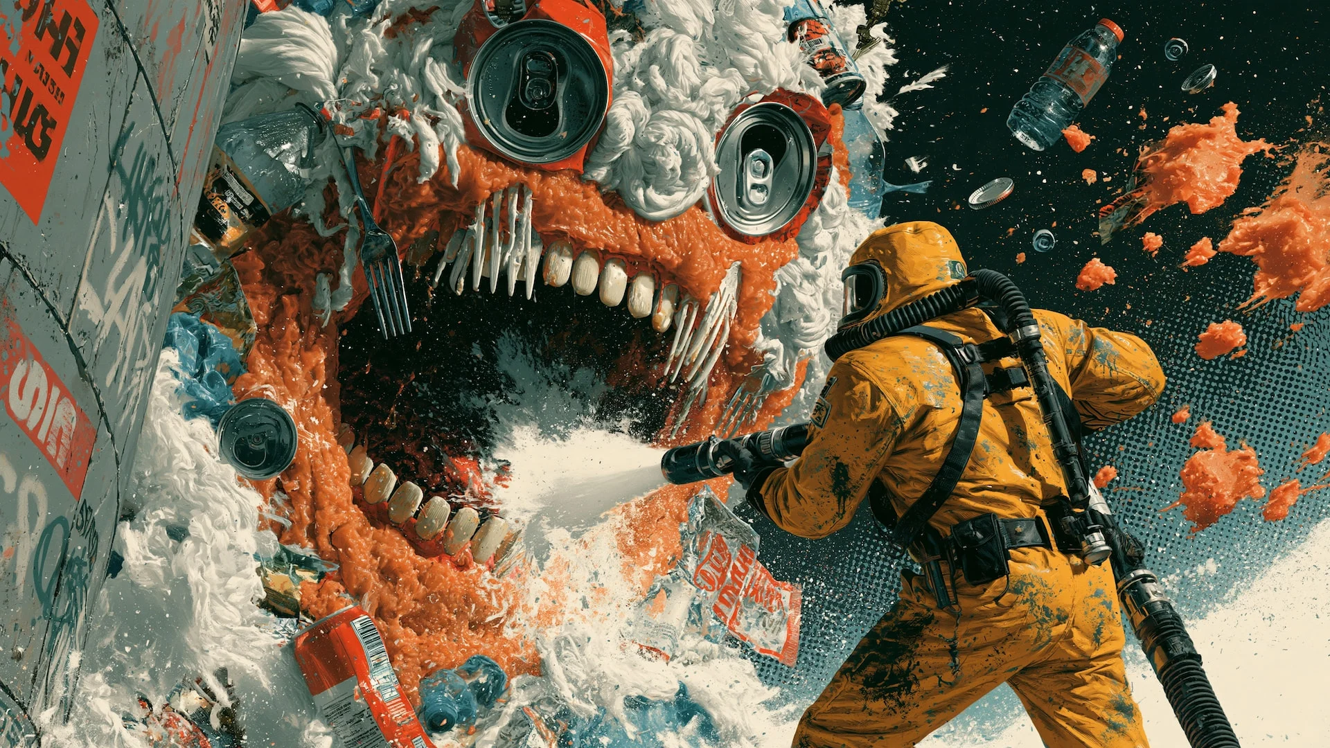 A dynamic, gritty comic book splash panel of a heroic worker in a scuffed yellow hazmat suit hydro-blasting a monstrous anthropomorphic fatberg.